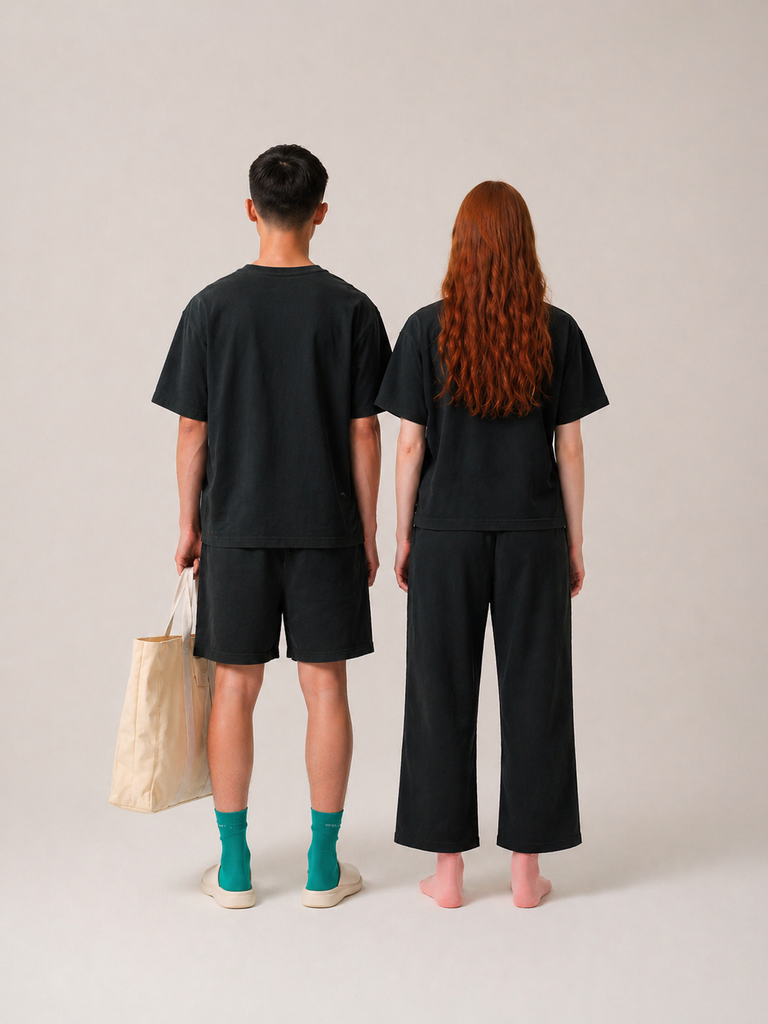 Back view of two people wearing forest green physiotherapy recovery suits during rehabilitation