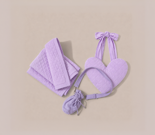 Recovery gift set in lilac including mastectomy breast support pillow, quilted blanket and drain bag for breast drains. What to pack for hospital.