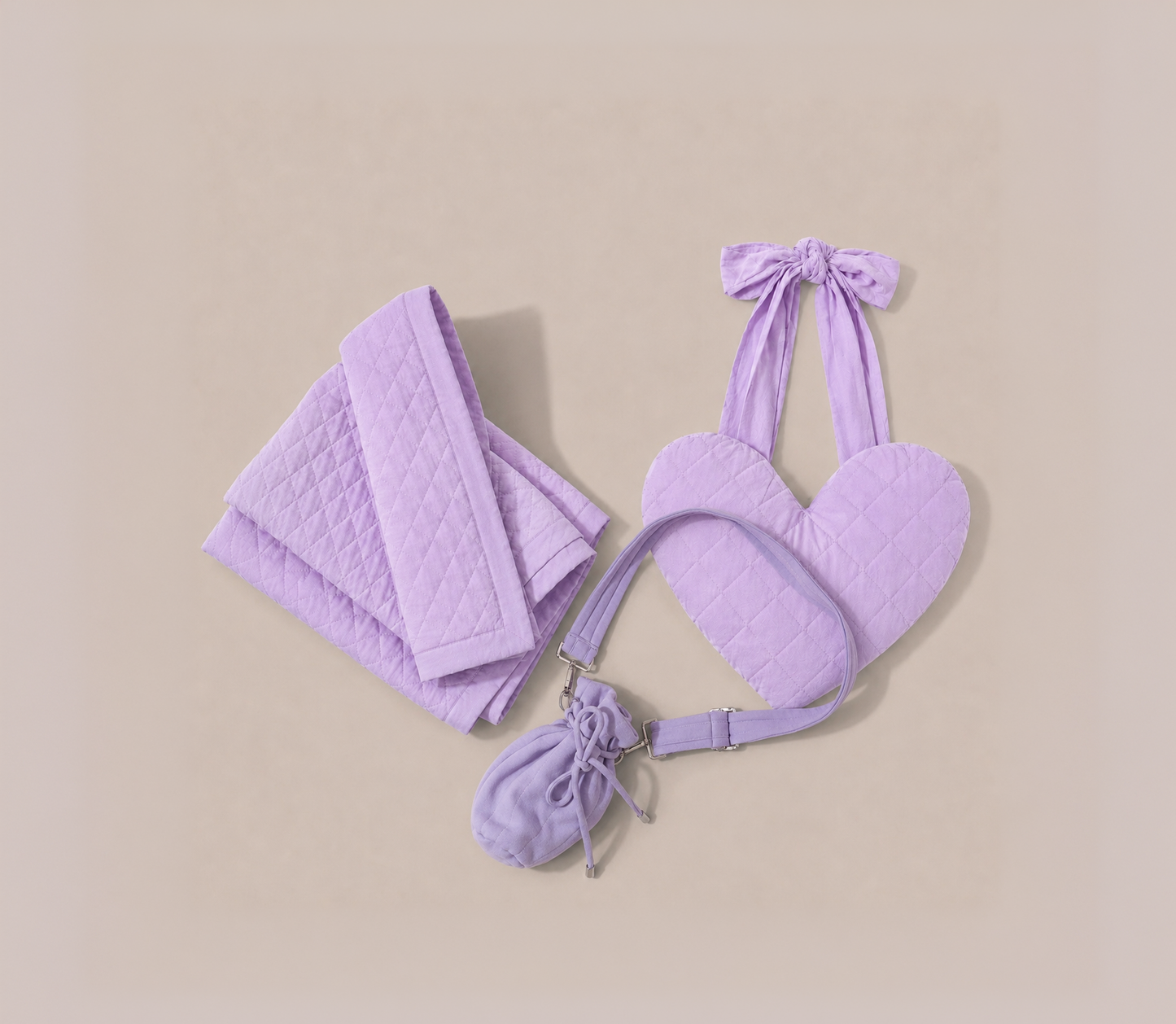 Recovery gift set in lilac including mastectomy breast support pillow, quilted blanket and drain bag for breast drains. What to pack for hospital. 