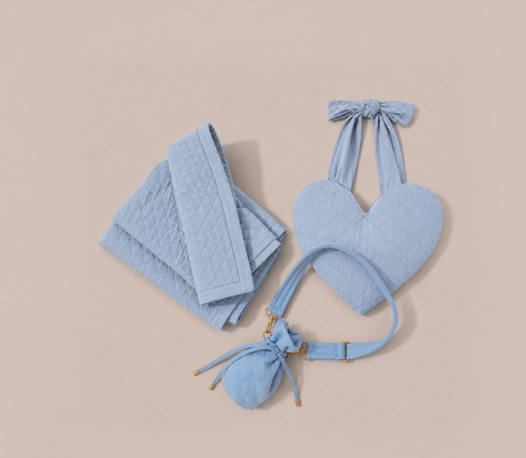 Light blue mastectomy gift set quilted blanket, mastecomy breast support pillow, and drain bag for drain bags
